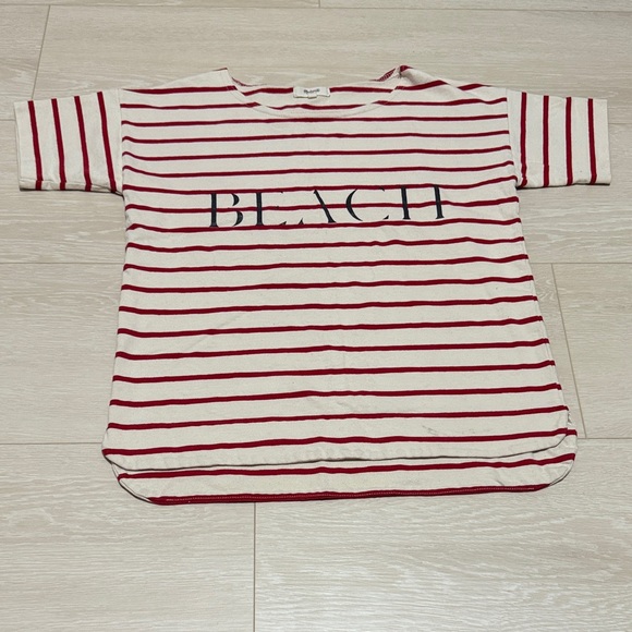 3/$10 Madewell Striped Red Cream Tee with BEACH Logo - Picture 2 of 8